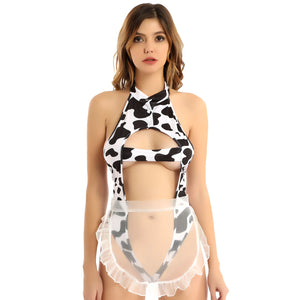 Women Girls Cow Print Japanese Maid Sex Cosplay Suit Erotic Outfit Backless High Cut Thong Lingerie Leotard Bodysuit Underwear