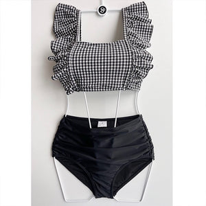 Women High Waist Bikini Set Plaid Ruffle Swimwear Push Up Biquinis Padded Two Pieces Swimsuit Sexy Bathing Suit