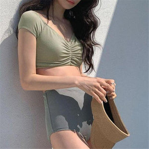 Women High Waist Bikini Set Solid Swimwear Push Up Biquinis Padded Two Pieces Swimsuit Sexy Bathing Suit