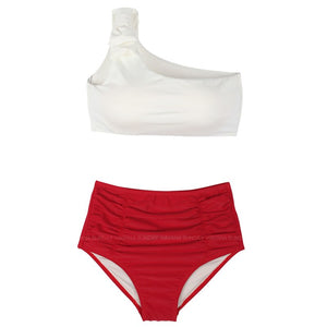 Women High Waist Bikini Set Solid Swimwear Single Shoulder Biquinis Padded Two Pieces Swimsuit Sexy Bathing Suit