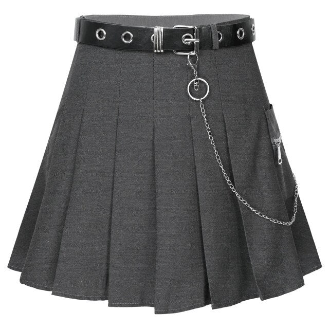 Women High Waist Mini Skirt Belted Chain Punk Gothic Streetwear Tooling Half-length Pleated Skirts Casual College Harajuku Skirt