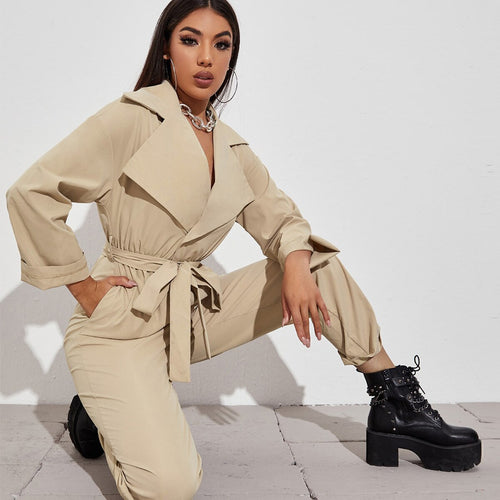 Women High Waist Slim Straight Tube Lace Up Jumpsuit with Belt Long Sleeve Casual Jumpsuit Women Elegance