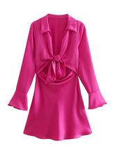 Load image into Gallery viewer, Women Hollow Out Bow Tie Satin Dress Female Fashion Casual Front Flare Sleeve Deep V Neck Mini Dress 2022 Summer Pink Dresses