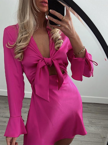 Women Hollow Out Bow Tie Satin Dress Female Fashion Casual Front Flare Sleeve Deep V Neck Mini Dress 2022 Summer Pink Dresses