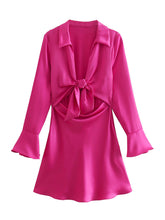 Load image into Gallery viewer, Women Hollow Out Bow Tie Satin Dress Female Fashion Casual Front Flare Sleeve Deep V Neck Mini Dress 2022 Summer Pink Dresses