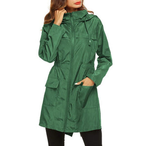 Women Hooded Jacket Oversize Waterproof Raincoat Elastic Waist Zip Trench Rain Coat Outerwear Rainwear Long Coats Autumn 2021