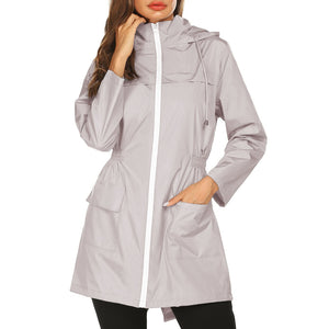 Women Hooded Jacket Oversize Waterproof Raincoat Elastic Waist Zip Trench Rain Coat Outerwear Rainwear Long Coats Autumn 2021