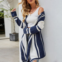 Load image into Gallery viewer, Women Hoodie Blue White Stripe Knit Sweater Casual Long Sleeve Open Front Striped Loose Casual Tops Irregular Hem Hooded Coat