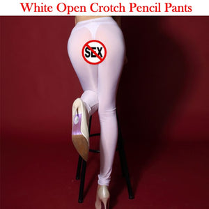 Women Ice Silk Shiny Open Crotch Long Sheer Pants See Through Elastic Pencil Pants Transparent Slim Sexy See Through Leggings