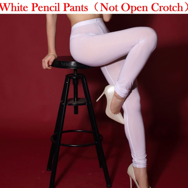 Women Ice Silk Shiny Open Crotch Long Sheer Pants See Through Elastic Pencil Pants Transparent Slim Sexy See Through Leggings