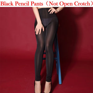 Women Ice Silk Shiny Open Crotch Long Sheer Pants See Through Elastic Pencil Pants Transparent Slim Sexy See Through Leggings