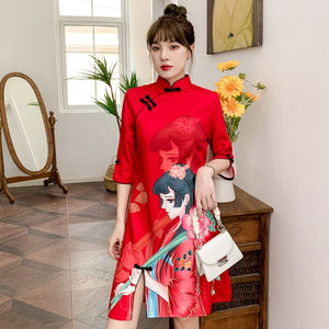Women Improved Cheongsam Half Sleeve Stand Collar Retro Buckle Chinese Style Print Plus Size Split Fork Mini Dress Female Qipao