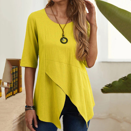 Women Irregular Blouse Shirt Casual Solid O-Neck Elegant Short Sleeve Pockets Top Blouse Plus Size Summer Daily Shirt Tunic