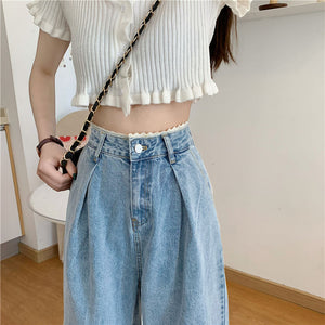 Women Jeans Trousers Lace Pleated Womens Clothes Casual Loose 2XL BF High Waist Fashion Korean Style New Vintage Female Wide Leg