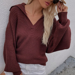 Women Knit Sweater Long Sleeve Deep V-neck Fashion Ladies Lantern Sleeve Loose Tops Autumn Winter Sweaters Streetwear Pullovers