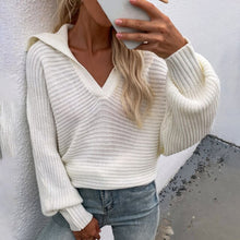 Load image into Gallery viewer, Women Knit Sweater Long Sleeve Deep V-neck Fashion Ladies Lantern Sleeve Loose Tops Autumn Winter Sweaters Streetwear Pullovers