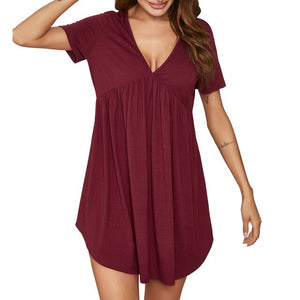 Women Knitted Nightdress Sexy Deep V Neck Nightgown Pleated Soft Nightie Loose Sleepwear Nightwear Mujer Sleep dress