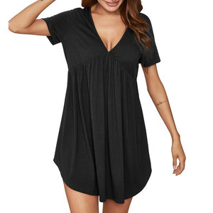Women Knitted Nightdress Sexy Deep V Neck Nightgown Pleated Soft Nightie Loose Sleepwear Nightwear Mujer Sleep dress