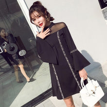 Load image into Gallery viewer, Women Korean Autumn Fashion Dresses Femme Mesh Stitching Sexy Stand Collar Black Vestidos Chic Flare Sleeve Elegant A-line Skirt