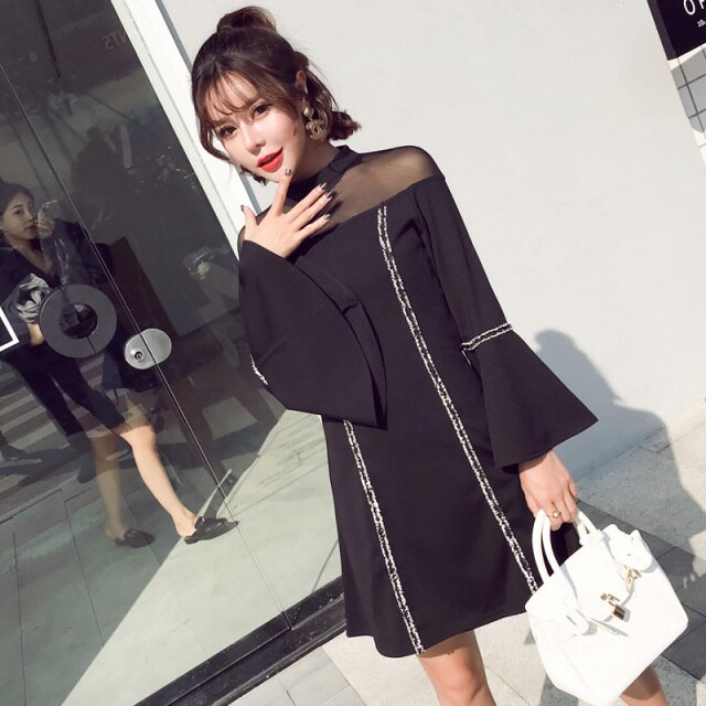 Women Korean Autumn Fashion Dresses Femme Mesh Stitching Sexy Stand Collar Black Vestidos Chic Flare Sleeve Elegant A-line Skirt