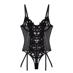 Women Lace Bodysuit Embroidery Bodys Lingerie Garter Transparent Deep V Neck Bra Femlae Sexy Bodys Mesh Dot Bodycon Top