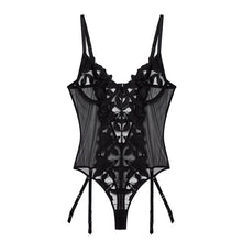 Load image into Gallery viewer, Women Lace Bodysuit Embroidery Bodys Lingerie Garter Transparent Deep V Neck Bra Femlae Sexy Bodys Mesh Dot Bodycon Top