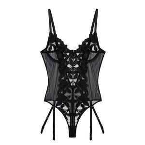 Women Lace Bodysuit Embroidery Bodys Lingerie Garter Transparent Deep V Neck Bra Femlae Sexy Bodys Mesh Dot Bodycon Top