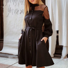 Load image into Gallery viewer, Women Lace Patchwork Lantern Sleeve Dress Elegant Stand Collar High Waist A-line Party Dress 2021 Vintage Autumn Knee Dresses