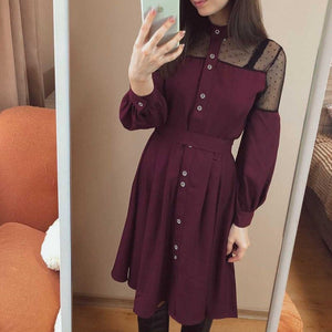 Women Lace Patchwork Lantern Sleeve Dress Elegant Stand Collar High Waist A-line Party Dress 2021 Vintage Autumn Knee Dresses