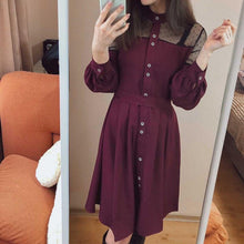 Load image into Gallery viewer, Women Lace Patchwork Lantern Sleeve Dress Elegant Stand Collar High Waist A-line Party Dress 2021 Vintage Autumn Knee Dresses