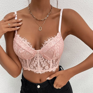Women Lace Summer Crop Tops Sexy Spaghetti Straps Camis Female See Through Corset Tops Floral Surface Mesh Camisole Bustier Top