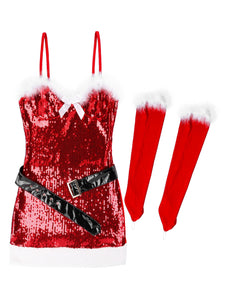Women Ladies 2020 Sexy Christmas Costumes Santa Dress Shiny Sequines Bodycon Red Dress for Xmas Party New Year Roleplay Clothes