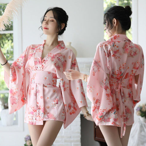 Women Lady Sexy Dress Tunic Yukata Japanese Style Cherry Blossom Kimono Uniform Temptation