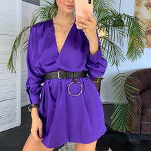 Load image into Gallery viewer, Women Lantern Sleeve Mini Dresses Sexy Deep V-neck Solid Color Dresses Female Fashion Elegant Belt Party Dress 2022 New Spring