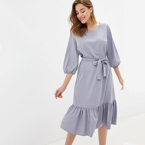 Women Lantern Sleeve Ruffled Dress Casual O Neck Sashes Solid Dress 2020 Spring Summer Knee-Length Elegant A Line Party Dresses