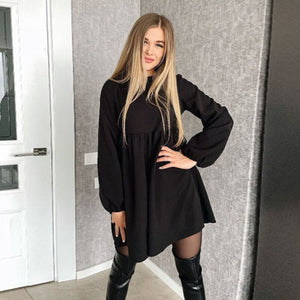 Women Lantern Sleeve Sweet Dress Casual High Waist Loose Mini Solid Color Dresses Female 2022 New Spring Fashion Party Dresses