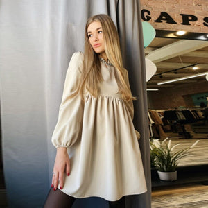 Women Lantern Sleeve Sweet Dress Casual High Waist Loose Mini Solid Color Dresses Female 2022 New Spring Fashion Party Dresses