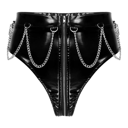 Women Latex Underwear Sexy Lingerie Female Wetlook Patent Leather Micro Bikini Briefs Zipper Crotch Metal Chain Sissy Panties