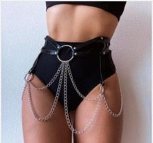 Women Leather Chain Harness Leg Garter Belt Sexy Lady Body Bondage Lingerie Sword Belts Goth Leather Harness Thigh Garter Toy