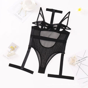 Women Lingerie Babydoll 2022 New Sexy Bodysuit Hollow Out Deep V Neck Halter Black Exotic Conjoined  Underwear One Piece