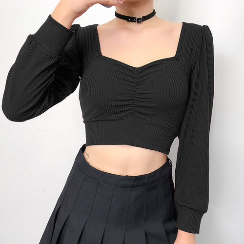Women Long Sleeve Crop Tops Sexy Square Collar Basic Solid Black Lady Casual Tshirt Sexy Off Shoulder T Shirts Summer Autumn Top