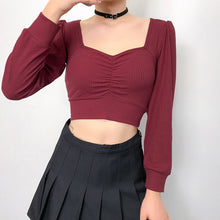 Load image into Gallery viewer, Women Long Sleeve Crop Tops Sexy Square Collar Basic Solid Black Lady Casual Tshirt Sexy Off Shoulder T Shirts Summer Autumn Top