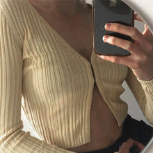 Load image into Gallery viewer, Women Long Sleeve V-ceck Open Stitch Sweater Cropped Top Button Down Classic Sweater Knitted Cardigan Outwear Fall Style Fashion