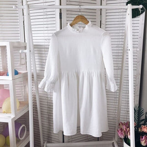 Women Loose Mini Short Dresses Sweet Ruffle Sleeve Stand Collar Dress 2021 Spring Summer New Fashion Casual Solid Color Dress