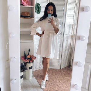 Women Loose Mini Short Dresses Sweet Ruffle Sleeve Stand Collar Dress 2021 Spring Summer New Fashion Casual Solid Color Dress