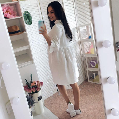 Women Loose Mini Short Dresses Sweet Ruffle Sleeve Stand Collar Dress 2021 Spring Summer New Fashion Casual Solid Color Dress