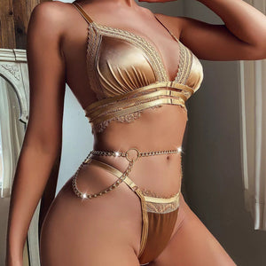Women Luxury Sexy Lingerie Metal Chain Lace Underwear Sensual Bra and Briefs Set Garter Erotic See-Through Mesh Exotic Costumes