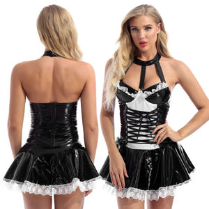 Women Maid Role Play Outfit Halter Neck Lace-up Front Patent Leather Dress Theme Party Costume Lace Trim Backless Flared Dresses