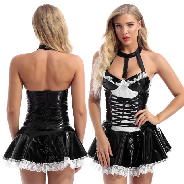 Women Maid Role Play Outfit Halter Neck Lace-up Front Patent Leather Dress Theme Party Costume Lace Trim Backless Flared Dresses