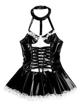 Load image into Gallery viewer, Women Maid Role Play Outfit Halter Neck Lace-up Front Patent Leather Dress Theme Party Costume Lace Trim Backless Flared Dresses